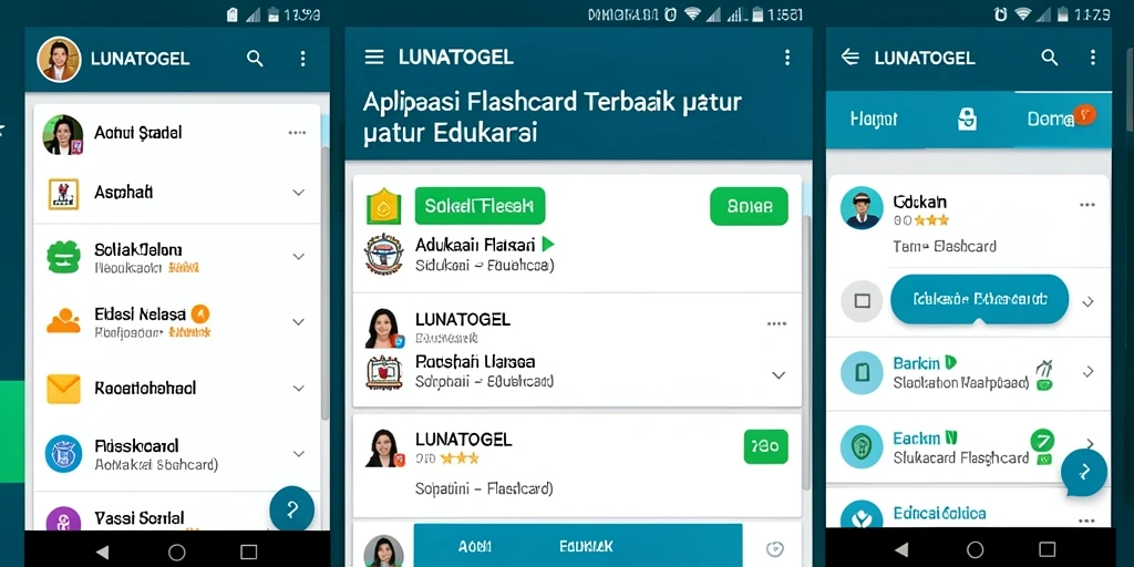 Tampilan antarmuka aplikasi LUNATOGEL dengan flashcard interaktif.