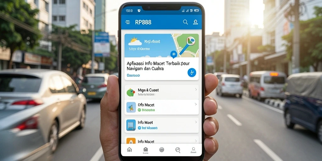 Antarmuka aplikasi RP888 menampilkan kondisi lalu lintas dan cuaca secara real-time.
